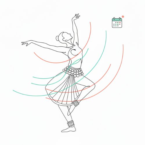 Minimal line art illustration of a dancer in motion with colorful curved lines and a calendar icon, representing Kalaa Hub alerts for dancers discovering new workshops.