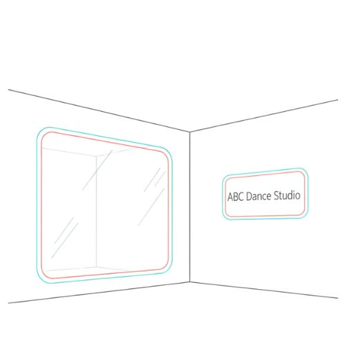 Minimal line art illustration of a dance studio hall with mirrors and a wall displaying the studio’s logo, representing Kalaa Hub’s verified studio network.