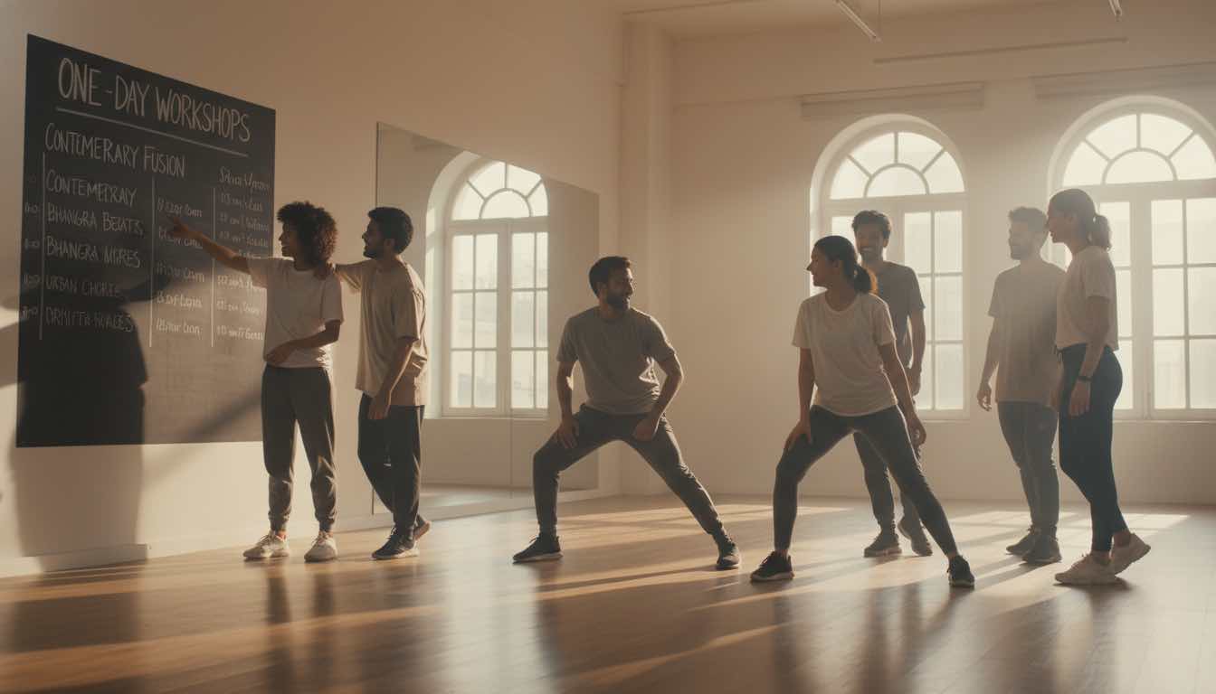 Dancers in a Delhi studio choosing their one day dance workshop, preparing and stretching before class begins.